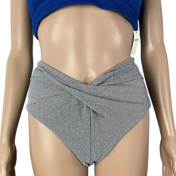 New Beach Riot Zuri Silver Glitter High Waist Twist Bikini Bottom - Picture 1 of 8